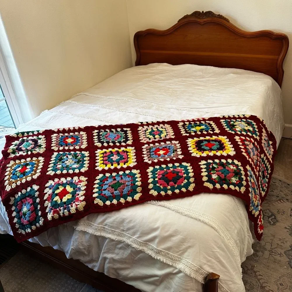Vintage Crochet Granny Square Blanket 64X78 Afghan Cottagecore Boho Roseanne